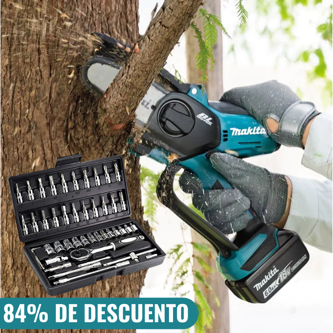 Kit Motosierra Eléctrica Makita con 2 Baterías Adicionales y Maletín + Caja de Herramientas con 108 Piezas